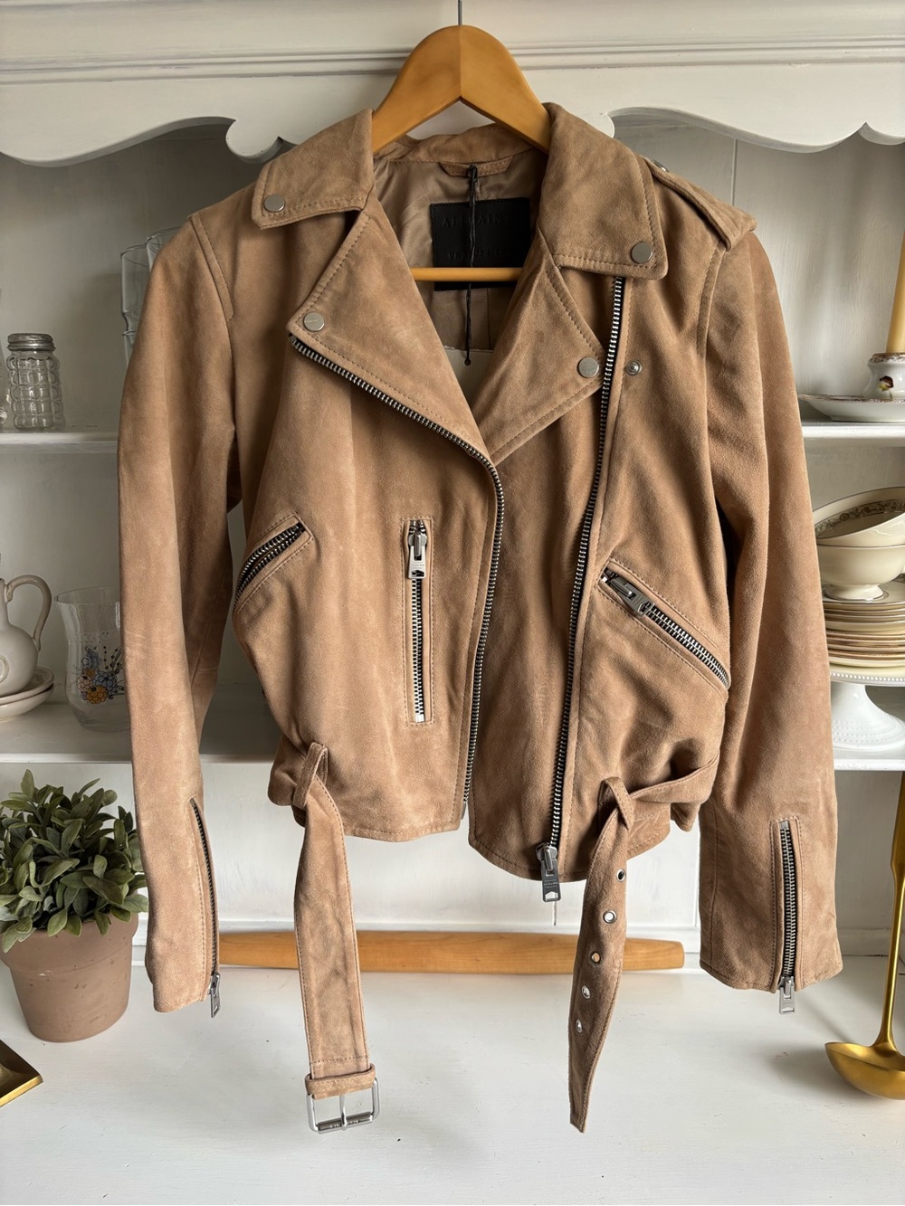 All Saints Tan Suede Moto Jacket with Silver Hardware